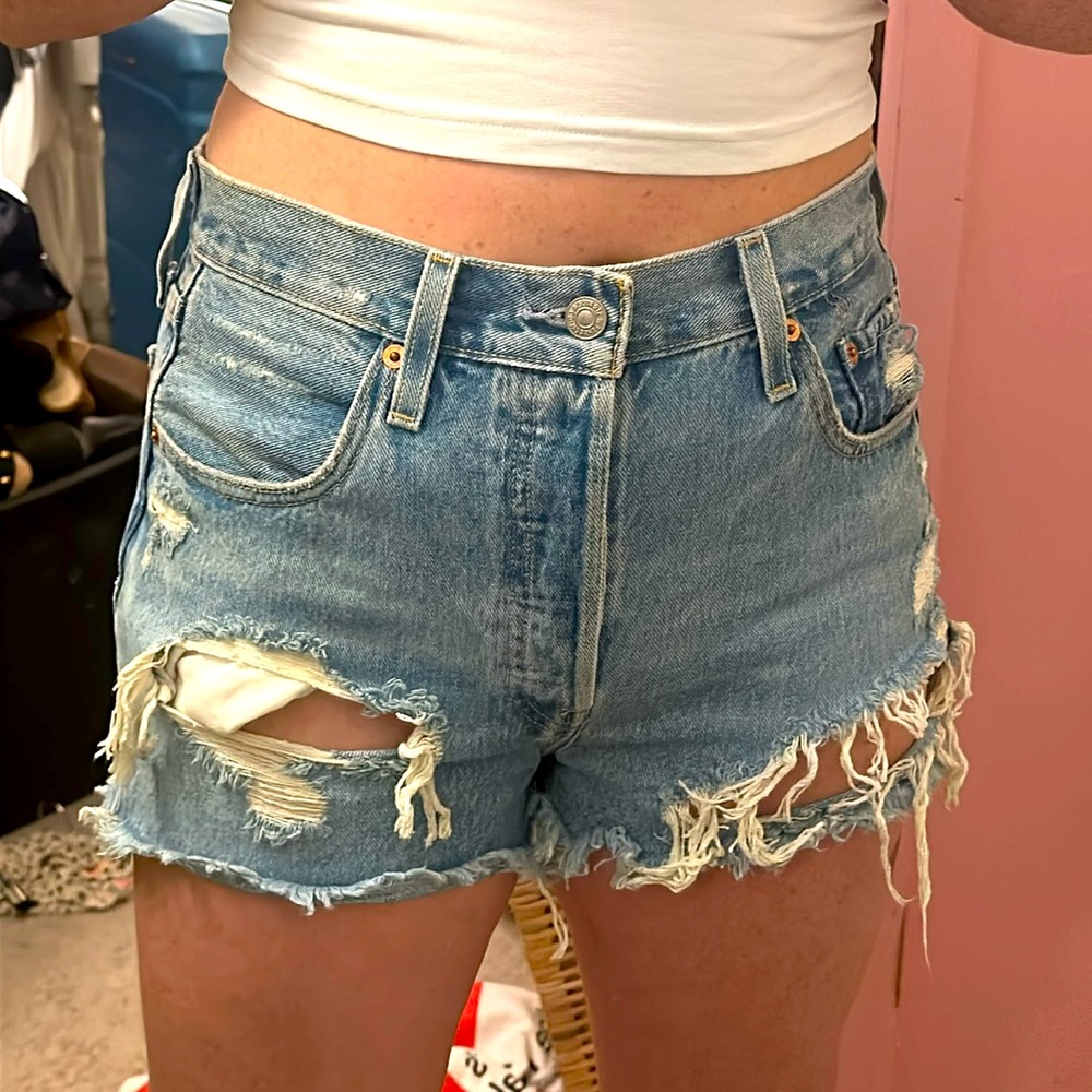 Levi High Waist Denim Distressed Cut Off Jean Shorts
